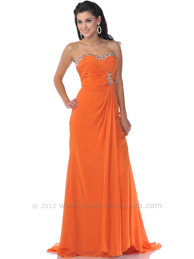 7540 Orange Strapless Prom Dress with Sparkling Sweetheart Neckline - Orange, Front View Medium
