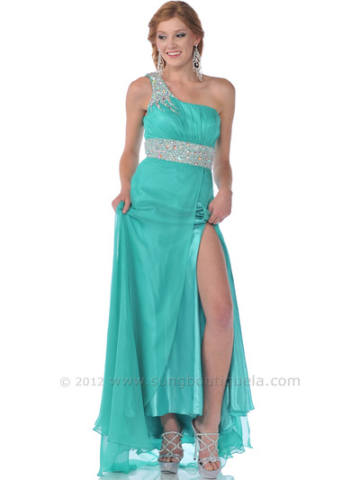 7545 Sparkling Jeweled One Shoulder Evening Dress - Jade, Front View Medium