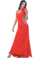 7555 Watermelon One Shoulder Rosette Strap Cutout Evening Dress - Watermelon, Front View Thumbnail