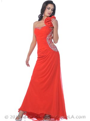 7555 Watermelon One Shoulder Rosette Strap Cutout Evening Dress, Watermelon