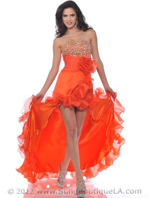 7556 Orange Strapless Jewel Embellished Prom Dress with Slit, Orange