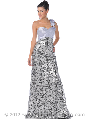 7557 Silver One Shoulder Floral Strap Evening Dress, Silver