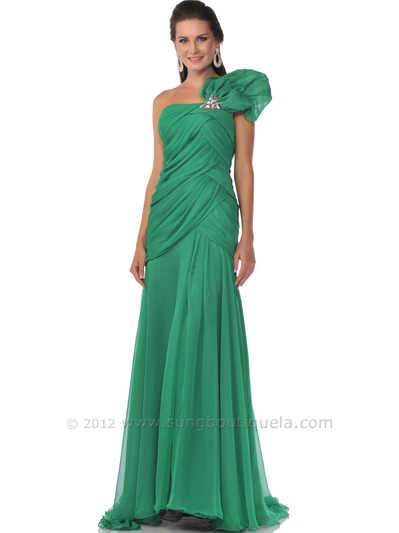 7559 Green One Shoulder Pleated Evening Dress - Green, Front View Medium