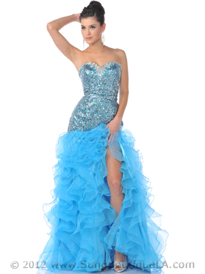 7560 Turquoise Strapless Sequin Top Prom Dress with Ruffled Skirt, Turquoise