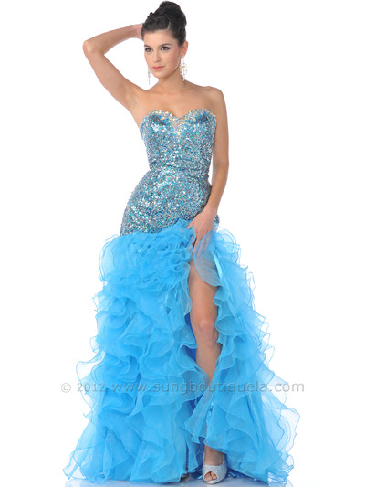 7560 Turquoise Strapless Sequin Top Prom Dress with Ruffled Skirt - Turquoise, Front View Medium