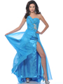 7564 Turquoise One Shoulder Embroidery Chiffon Overlay Prom Dress - Turquoise, Front View Thumbnail