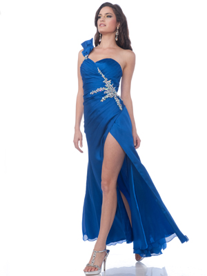 7566 Royal Blue One shoulder Pleated Evening Dress with Slit, Royal Blue