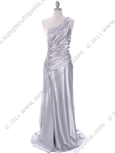 7702 Silver Evening Dress with Rhinestone Straps - Silver, Front View Medium