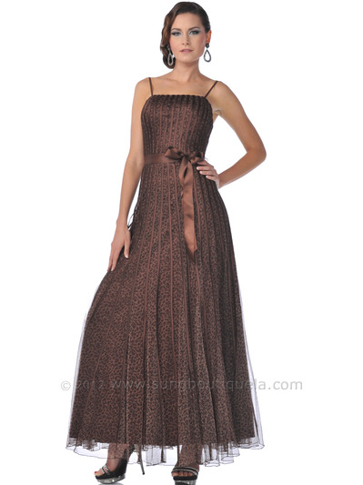 7732L Lace Overlay Leopard Print Evening Dress - Brown, Front View Medium