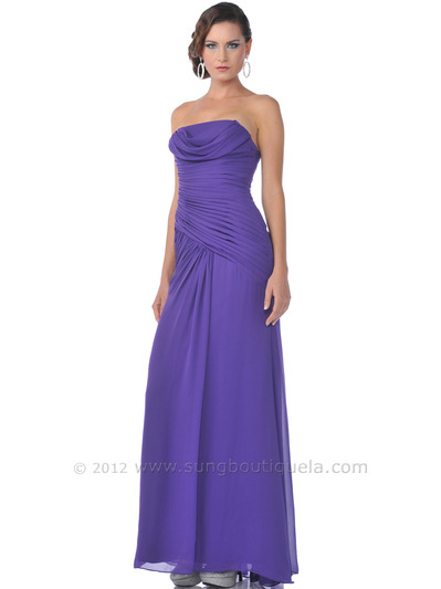 7736 Strapless Drape Front Pleated Evening Dress - Purple, Front View Medium