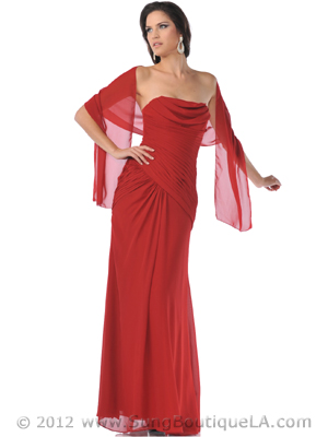 7736 Strapless Drape Front Pleated Evening Dress, Red