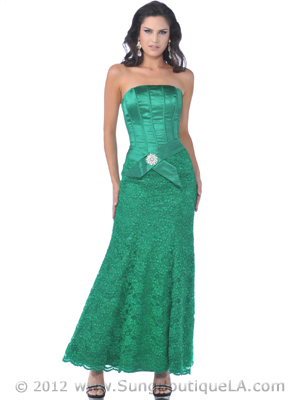 7741 Strapless Corsett Top Evening Dress with Lace Skirt, Green
