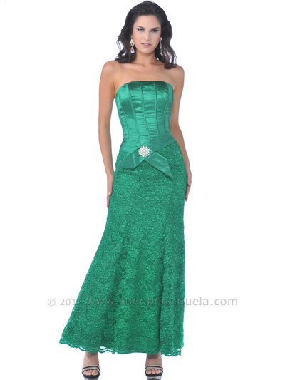 7741 Strapless Corsett Top Evening Dress with Lace Skirt - Green, Front View Medium