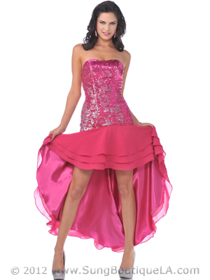 7743 Strapless Sequin Top Prom Dress with High Low Chiffon Hem, Fuschia