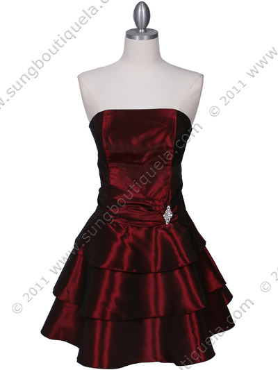 7747 Burgudy Tiered Cocktail Dress - Burgundy, Front View Medium