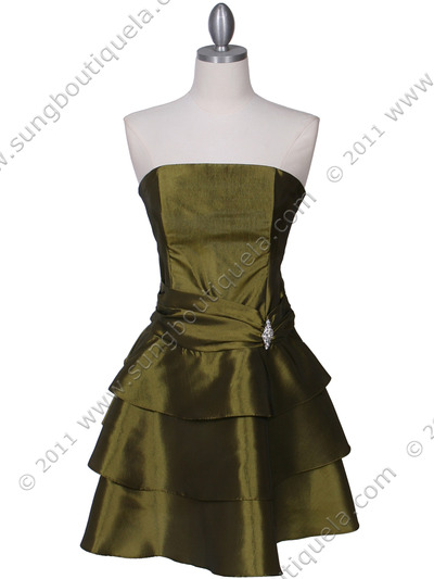 7747 Olive Tiered Cocktail Dress - Olive, Front View Medium