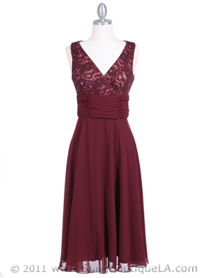7921 Burgundy Beaded Cocktail Dress, Burgundy