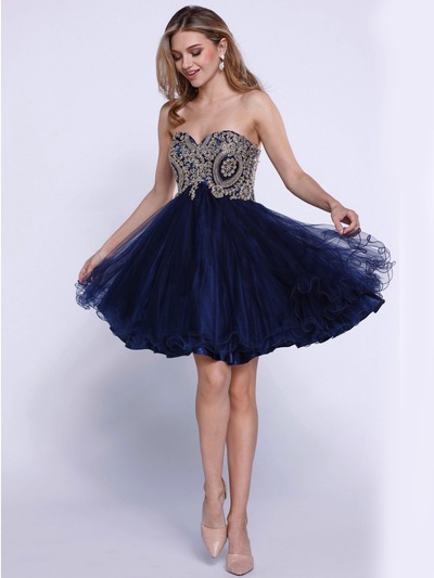 80-6212 Strapless Sweetheart Short Prom Dress - Navy, Front View Medium