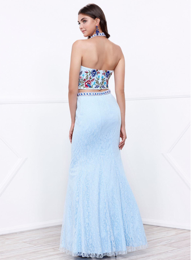 80-8262 Two-Piece Halter Top Lace Long Prom Dress - Aqua, Back View Medium