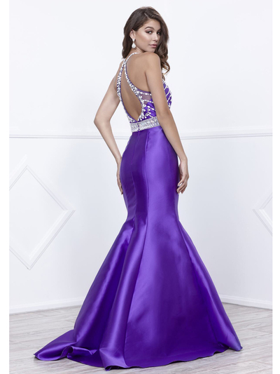 80-8296 Embellished Bodice Long Prom Dress with Mermaid Hem - Purple, Back View Medium