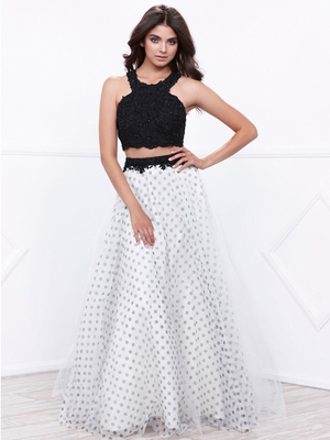 80-8309 Two-Piece Sleeveless Polka Dot Prom Dress, Black White