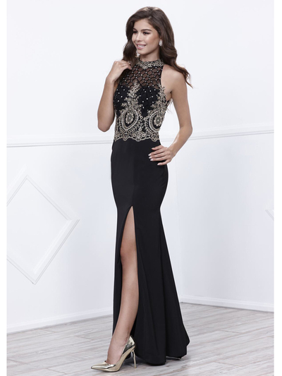 80-8319 Sleeveless Long Prom Dress with Open-Back - Black, Front View Medium