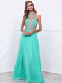 80-8339 High Neck Beaded Bodice Long Prom Dress - Mint Gold, Front View Thumbnail