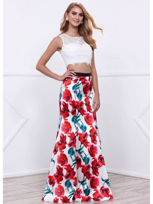 80-8342 Two-Piece Crop Top Long Prom Dress with Floral Printed Skirt, Print