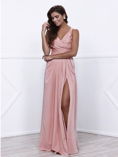 80-8347 V-Neck Long Evening Dress with Slit - Rose, Front View Medium