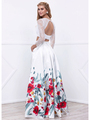 80-8353 Two-Piece Long Sleeve Prom Dress with Floral Print Skirt - Print, Back View Thumbnail