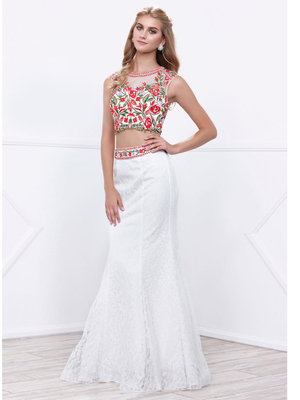 80-8373 Two-Piece Embroidery Crop Top Long Prom Dress, White