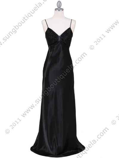 8006 Black Satin Evening Dress - Black, Front View Medium