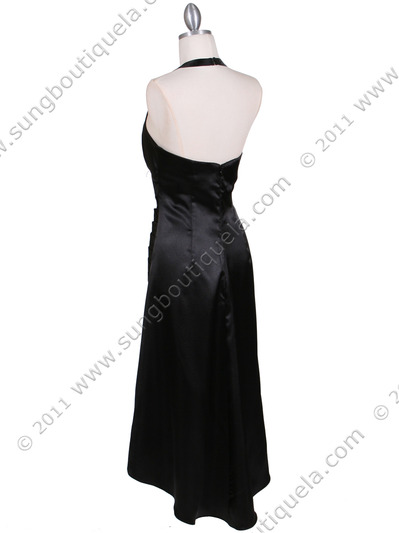 801 Black Satin Halter Cocktail Dress - Black, Back View Medium