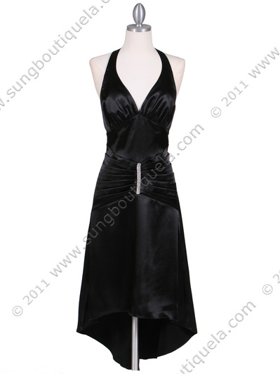 801 Black Satin Halter Cocktail Dress - Black, Front View Medium