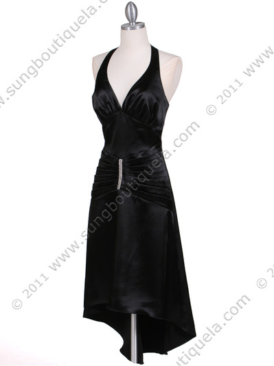 801 Black Satin Halter Cocktail Dress - Black, Alt View Medium
