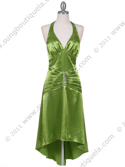 801 Green Satin Halter Cocktail Dress - Green, Front View Medium