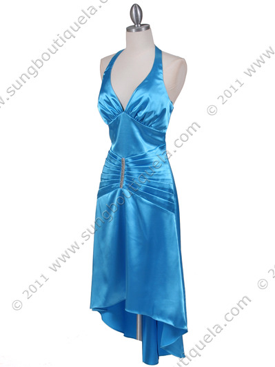 801 Turquoise Satin Halter Cocktail Dress - Turquoise, Alt View Medium