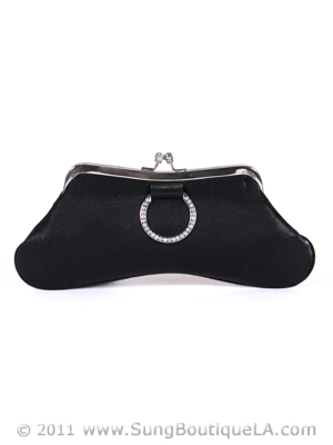 80433 Black Satin Evening Bag with Rhinestone Buckle, Black