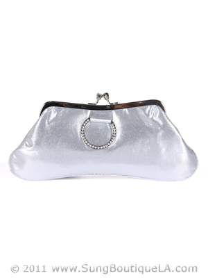 80433 Silver Satin Evening Bag with Rhinestone Buckle, Silver