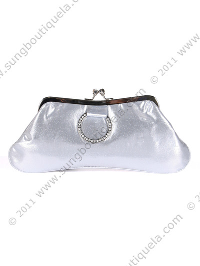 80433 Silver Satin Evening Bag with Rhinestone Buckle - Silver, Front View Medium