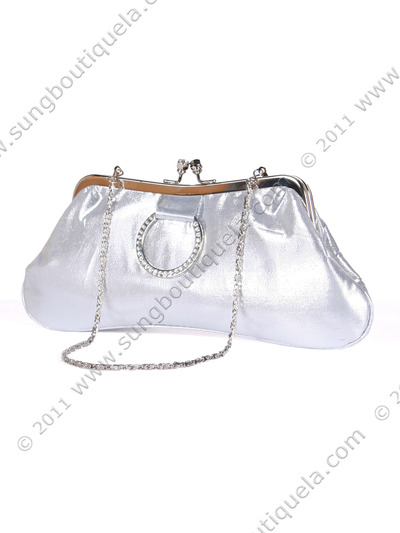 80433 Silver Satin Evening Bag with Rhinestone Buckle - Silver, Alt View Medium