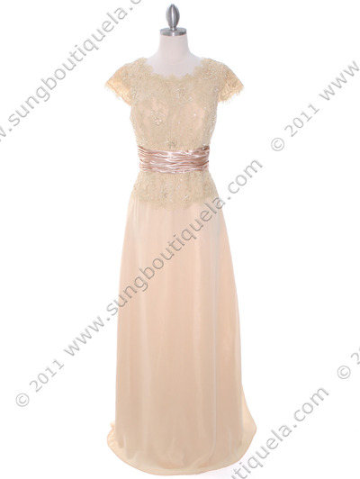 8050 Gold Lace Top Evening Dress - Gold, Front View Medium