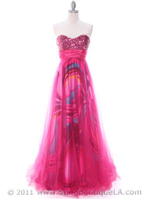 8088 Hot Pink Print Mesh Sequins Top Prom Evening Dress, Hot Pink