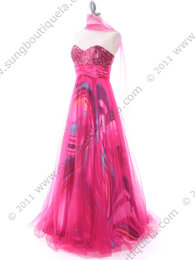 8088 Hot Pink Print Mesh Sequins Top Prom Evening Dress - Hot Pink, Alt View Medium