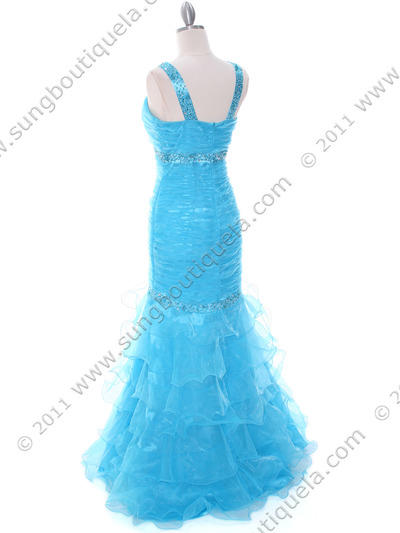 8098 Turquoise Beaded Prom Evening Dress - Turquoise, Back View Medium