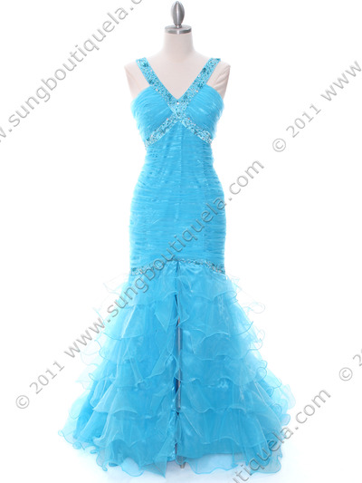 8098 Turquoise Beaded Prom Evening Dress - Turquoise, Front View Medium