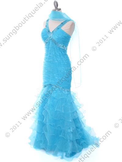 8098 Turquoise Beaded Prom Evening Dress - Turquoise, Alt View Medium
