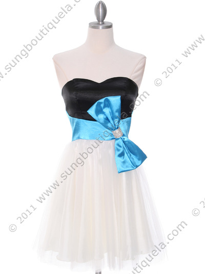 8104 Black Turquoise Homecoming Dress with Bow - Black Turquoise, Front View Medium
