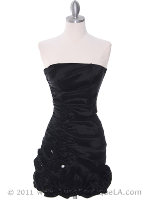 8118 Black Taffeta Cocktail Dress with Rosette Hem, Black