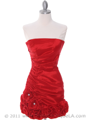 8118 Red Taffeta Cocktail Dress with Rosette Hem, Red
